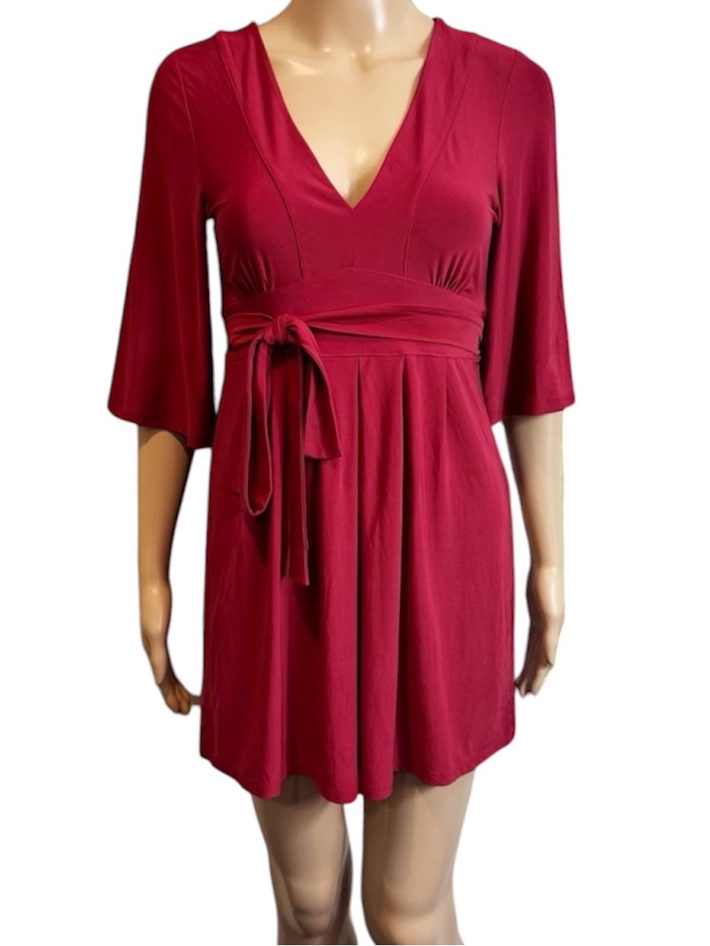 Express Burgundy Red Stretch V Neck Waist Tying Mini Dress